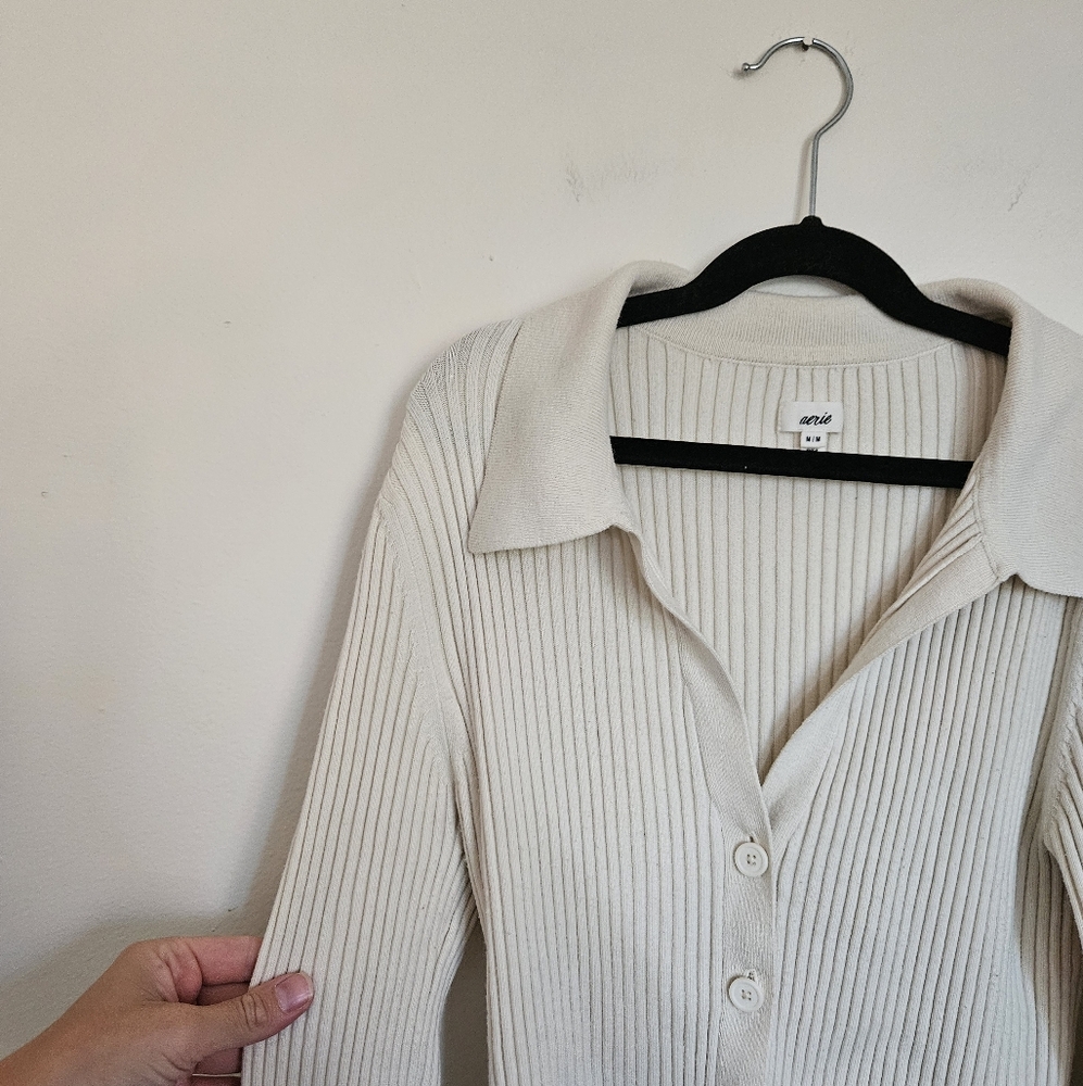 Aerie Cream Ribbed Knit Cardigan